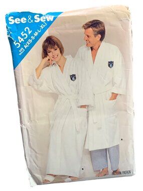 See & Sew Unisex Robe Sewing Pattern 5452 Size XS-M-L-XL Uncut 80s